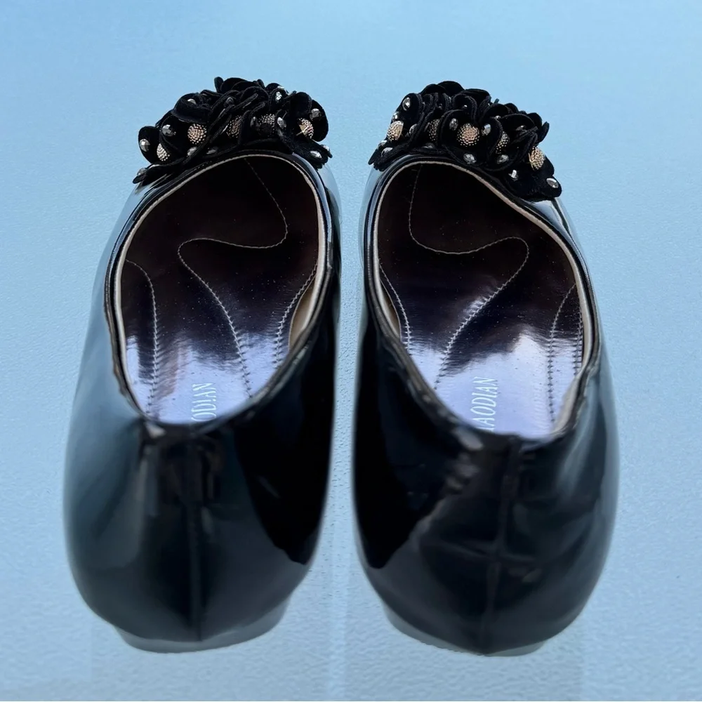 Meili Jiaodian Black Patent Ballet Flats with Bling Flower Embellishment 7.5/38